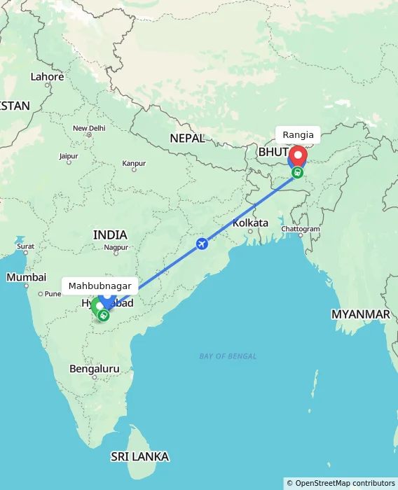Route map showing distance and travel time from Mahbubnagar, India to Rangia, India