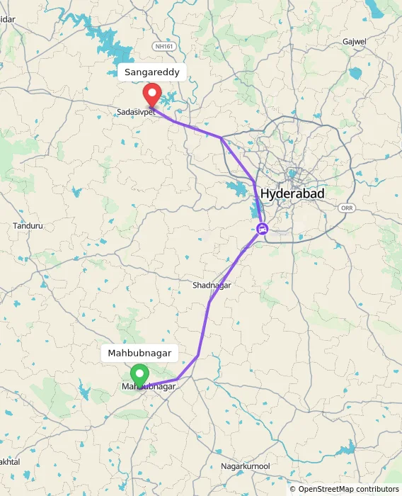 Route map showing distance and travel time from Mahbubnagar, India to Sangareddy, India