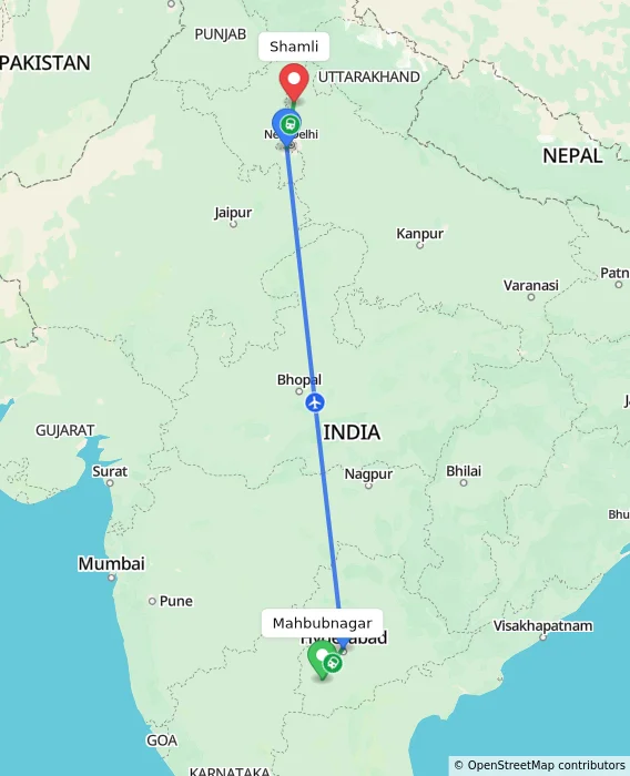 Route map showing distance and travel time from Mahbubnagar, India to Shamli, India