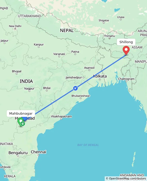 Route map showing distance and travel time from Mahbubnagar, India to Shillong, India