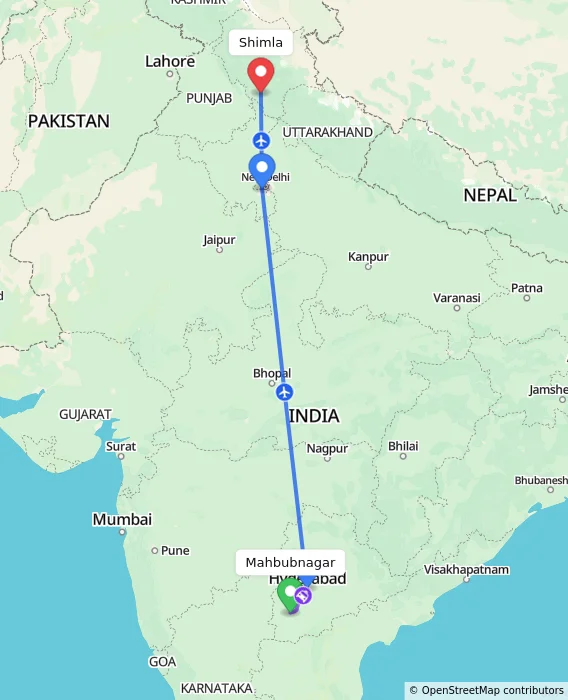 Route map showing distance and travel time from Mahbubnagar, India to Shimla, India