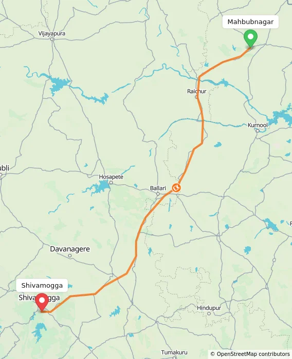 Route map showing distance and travel time from Mahbubnagar, India to Shivamogga, India