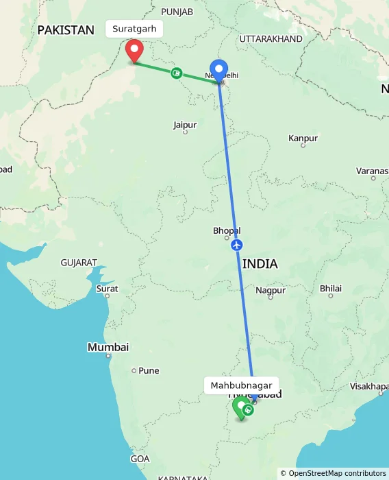 Route map showing distance and travel time from Mahbubnagar, India to Suratgarh, India