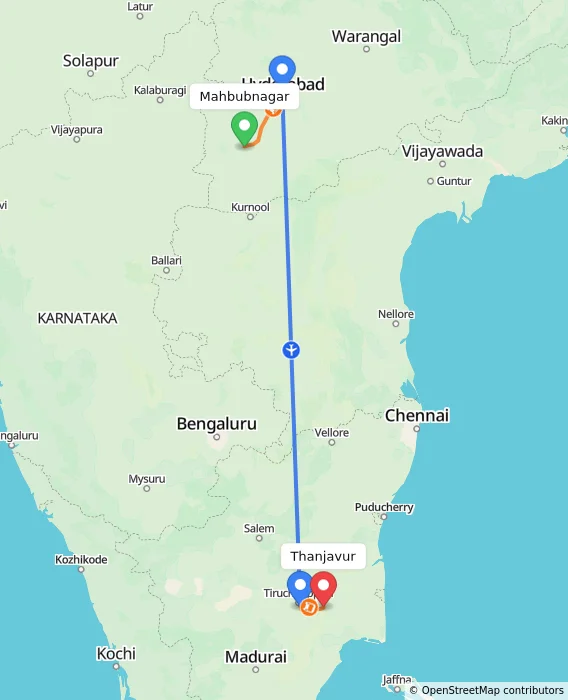 Route map showing distance and travel time from Mahbubnagar, India to Thanjavur, India