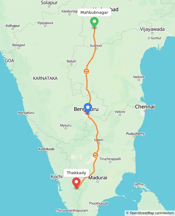 Route map showing distance and travel time from Mahbubnagar, India to Thekkady, India
