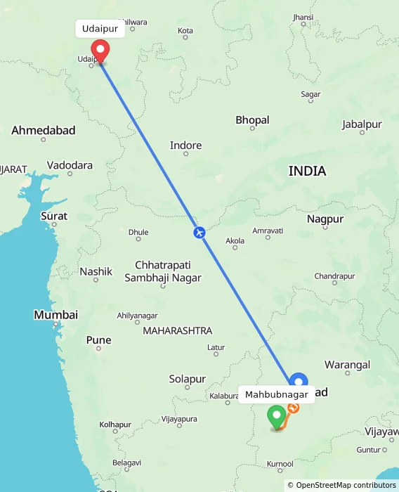 Route map showing distance and travel time from Mahbubnagar, India to Udaipur, India