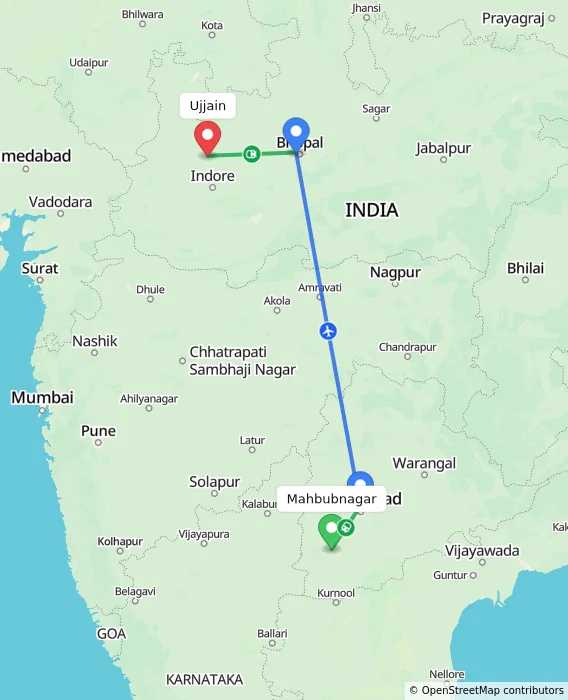 Route map showing distance and travel time from Mahbubnagar, India to Ujjain, India