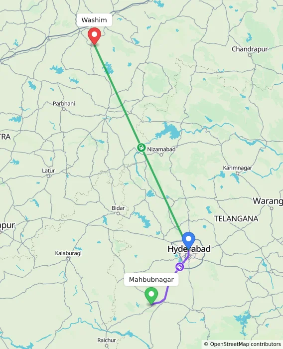 Route map showing distance and travel time from Mahbubnagar, India to Washim, India