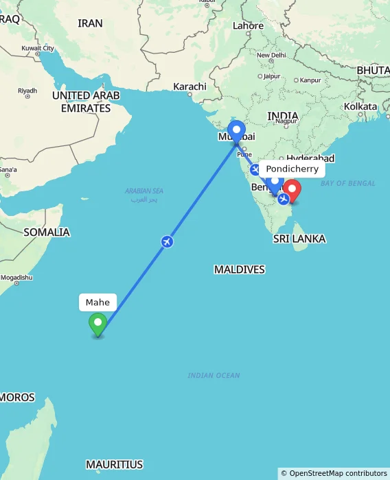 Route map showing distance and travel time from Mahe, Seychelles to Pondicherry, India