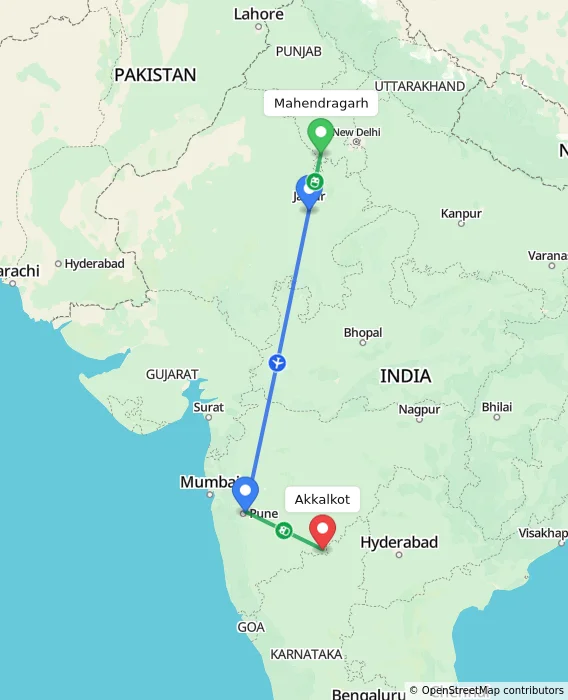 Route map showing distance and travel time from Mahendragarh, India to Akkalkot, India