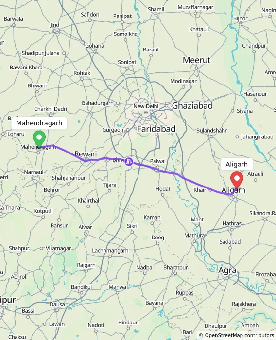 Route map showing distance and travel time from Mahendragarh, India to Aligarh, India