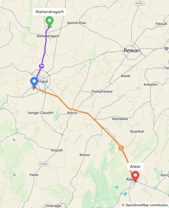Route map showing distance and travel time from Mahendragarh, India to Alwar, India