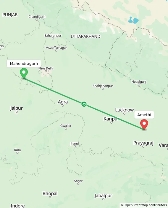 Route map showing distance and travel time from Mahendragarh, India to Amethi, India