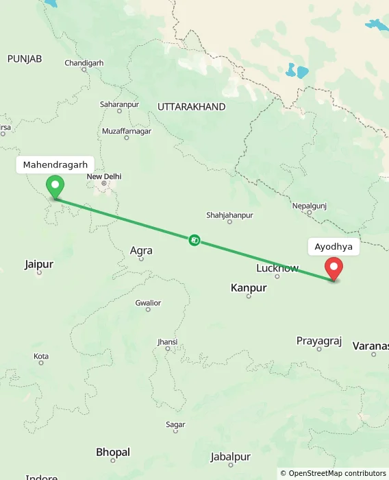 Route map showing distance and travel time from Mahendragarh, India to Ayodhya, India