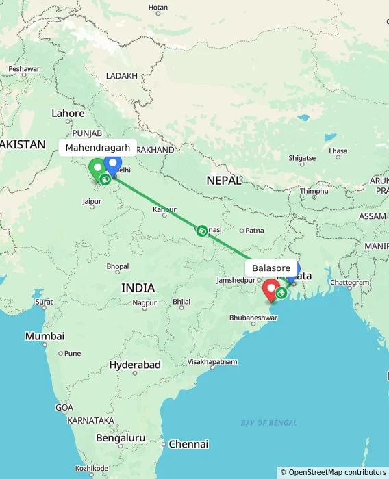 Route map showing distance and travel time from Mahendragarh, India to Balasore, India