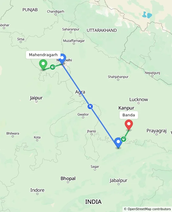 Route map showing distance and travel time from Mahendragarh, India to Banda, India