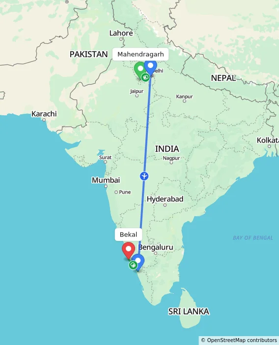 Route map showing distance and travel time from Mahendragarh, India to Bekal, India