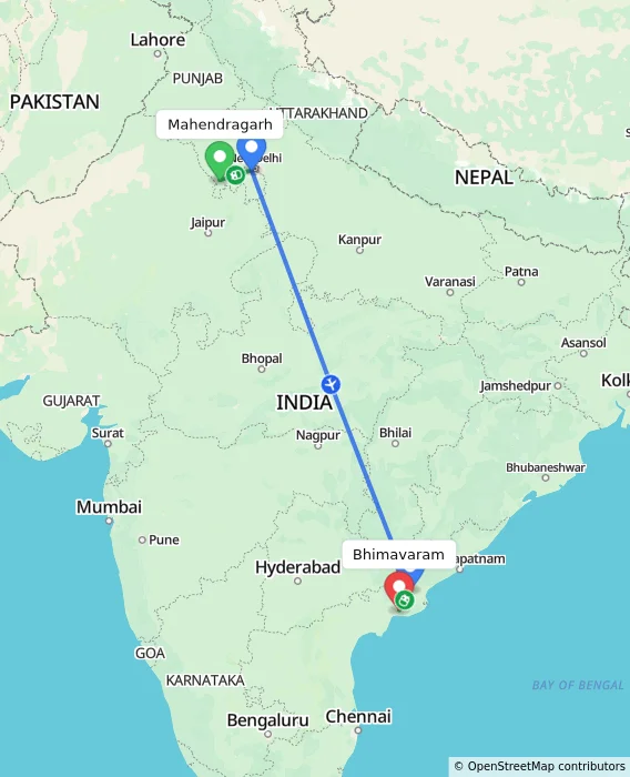 Route map showing distance and travel time from Mahendragarh, India to Bhimavaram, India