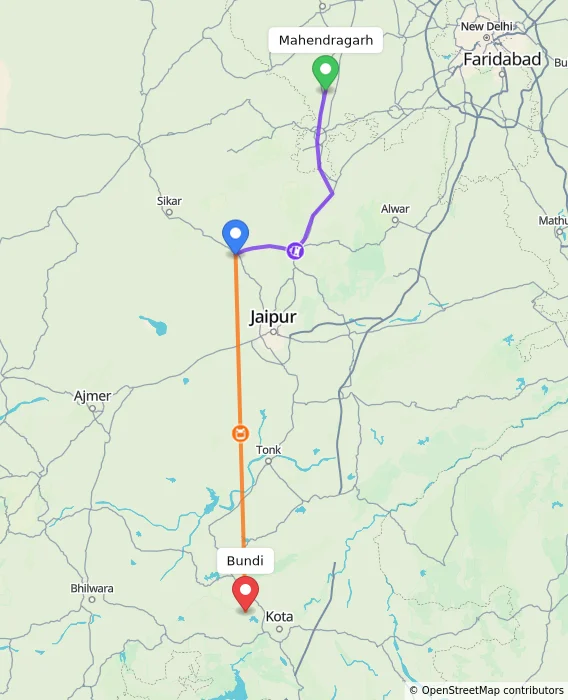 Route map showing distance and travel time from Mahendragarh, India to Bundi, India