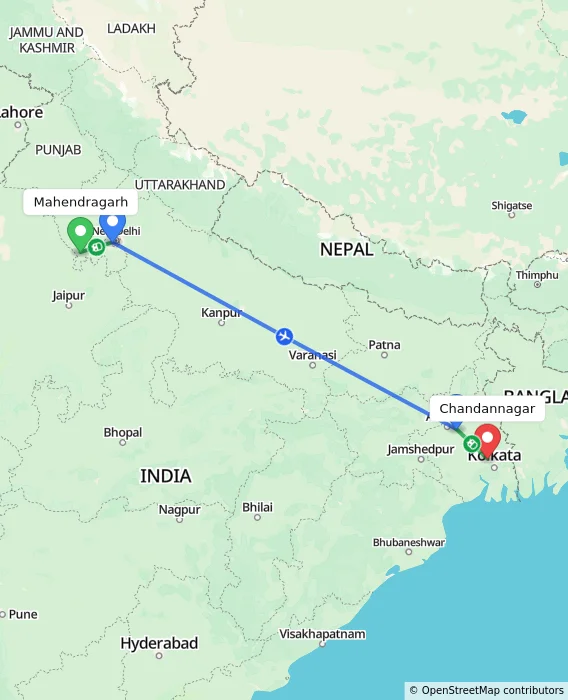 Route map showing distance and travel time from Mahendragarh, India to Chandannagar, India