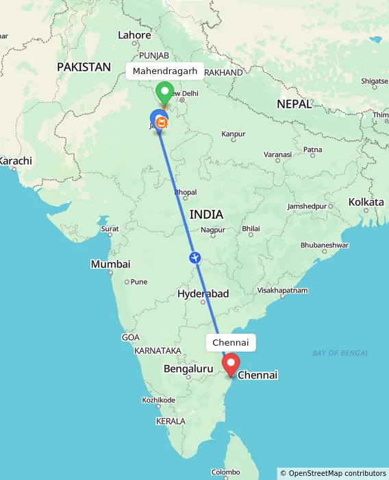 Route map showing distance and travel time from Mahendragarh, India to Chennai, India
