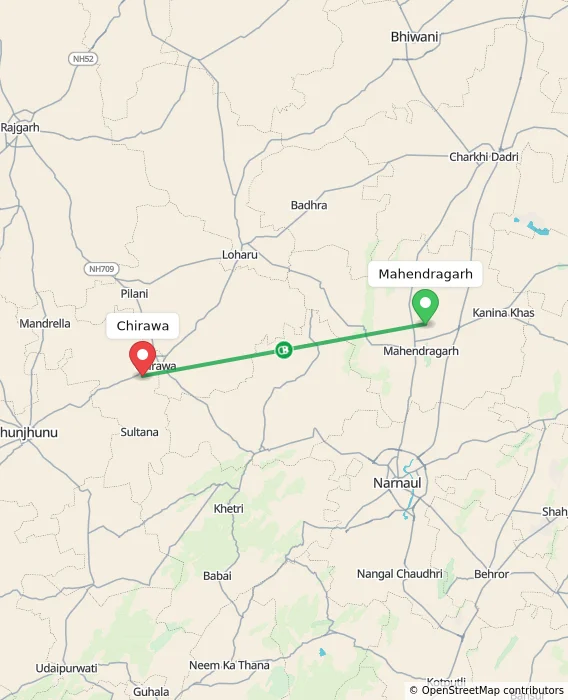 Route map showing distance and travel time from Mahendragarh, India to Chirawa, India