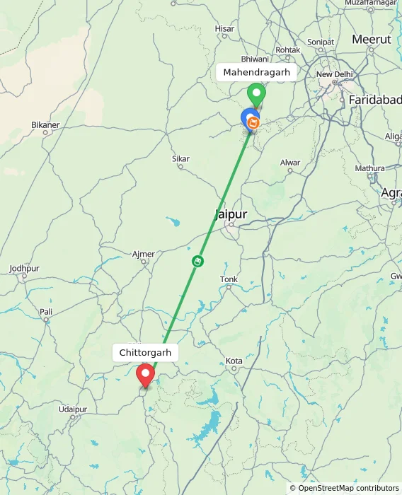 Route map showing distance and travel time from Mahendragarh, India to Chittorgarh, India