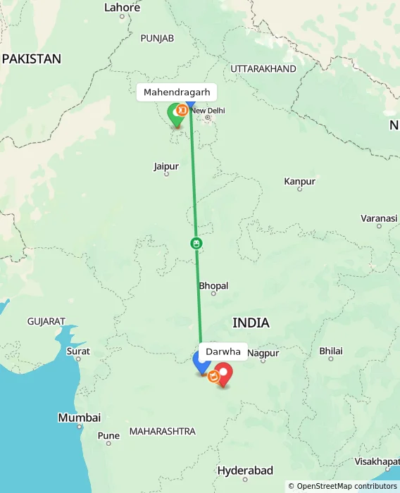 Route map showing distance and travel time from Mahendragarh, India to Darwha, India
