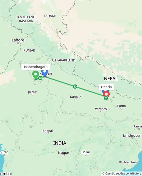 Route map showing distance and travel time from Mahendragarh, India to Deoria, India