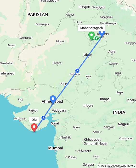 Route map showing distance and travel time from Mahendragarh, India to Diu, India