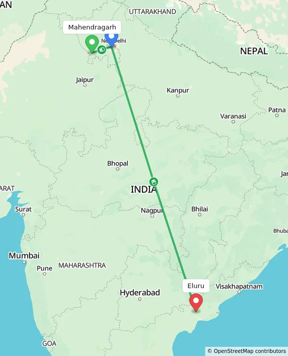 Route map showing distance and travel time from Mahendragarh, India to Eluru, India