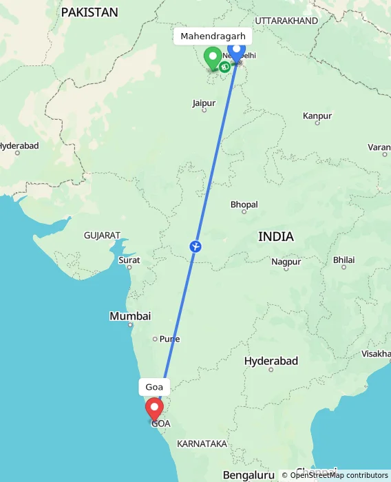 Route map showing distance and travel time from Mahendragarh, India to Goa, India