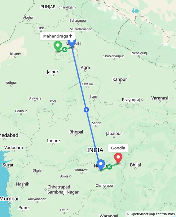 Route map showing distance and travel time from Mahendragarh, India to Gondia, India