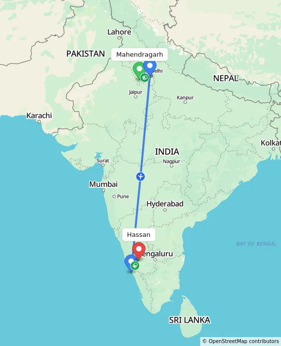 Route map showing distance and travel time from Mahendragarh, India to Hassan, India
