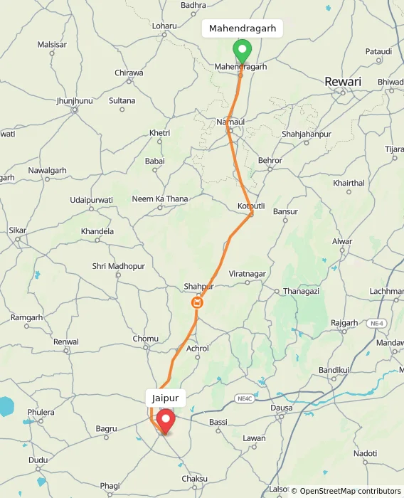 Route map showing distance and travel time from Mahendragarh, India to Jaipur, India