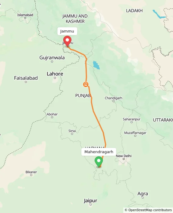 Route map showing distance and travel time from Mahendragarh, India to Jammu, India