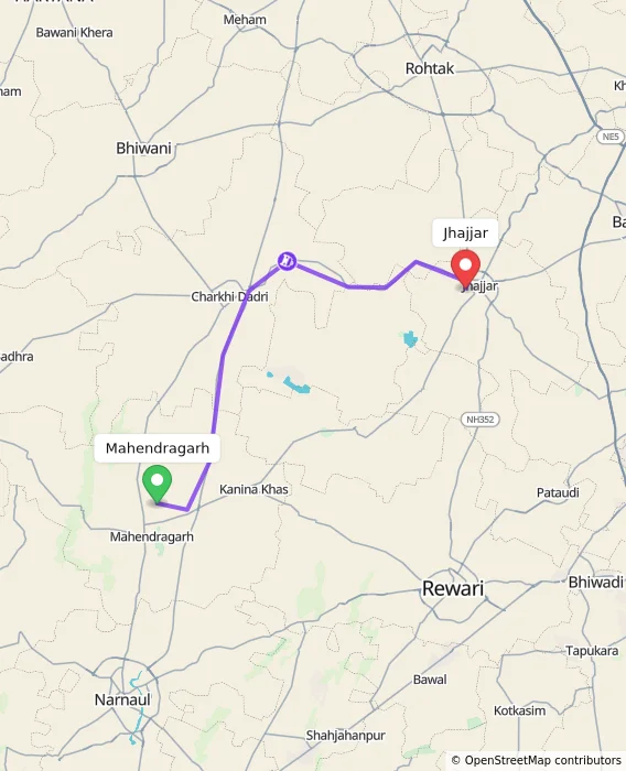 Route map showing distance and travel time from Mahendragarh, India to Jhajjar, India