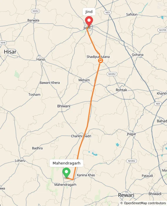 Route map showing distance and travel time from Mahendragarh, India to Jind, India