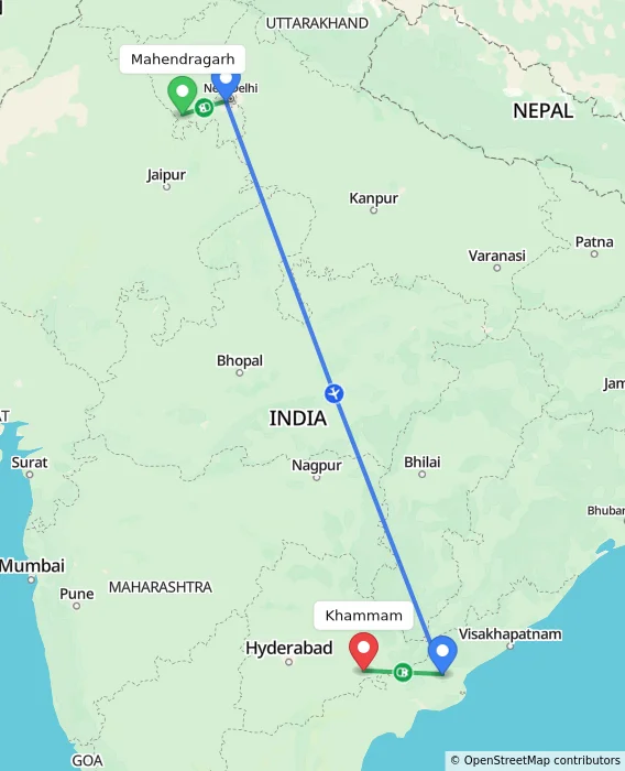 Route map showing distance and travel time from Mahendragarh, India to Khammam, India