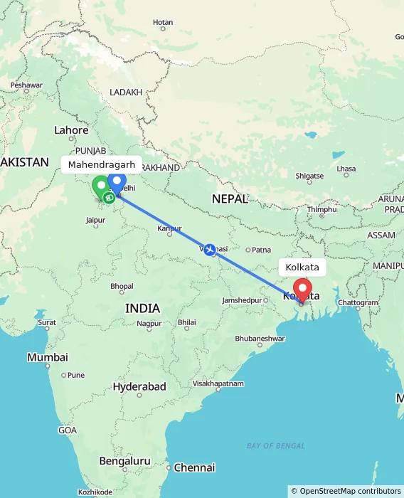 Route map showing distance and travel time from Mahendragarh, India to Kolkata, India
