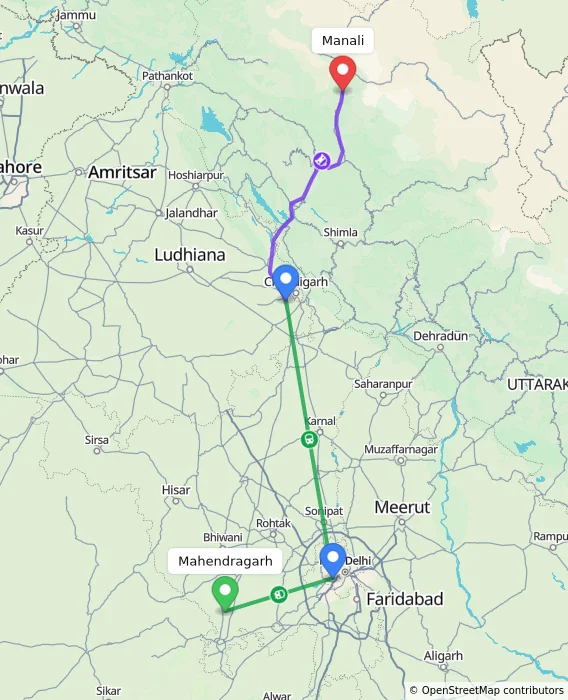 Route map showing distance and travel time from Mahendragarh, India to Manali, India