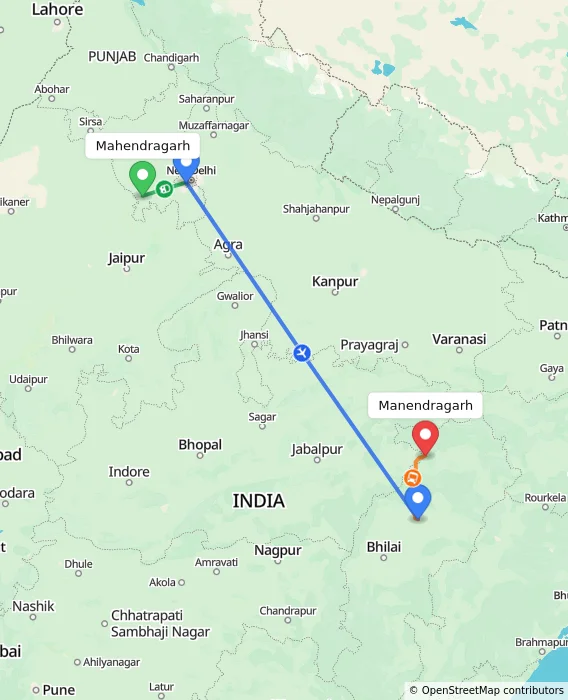 Route map showing distance and travel time from Mahendragarh, India to Manendragarh, India