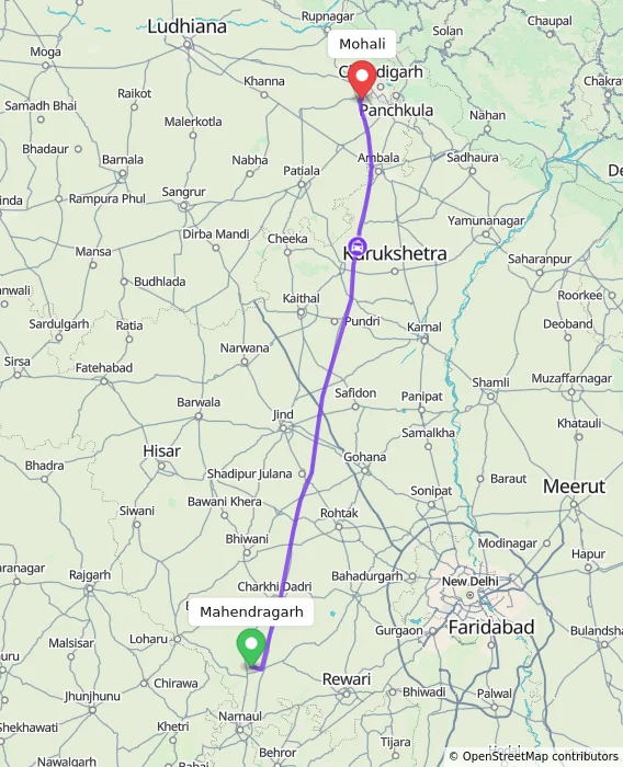 Route map showing distance and travel time from Mahendragarh, India to Mohali, India