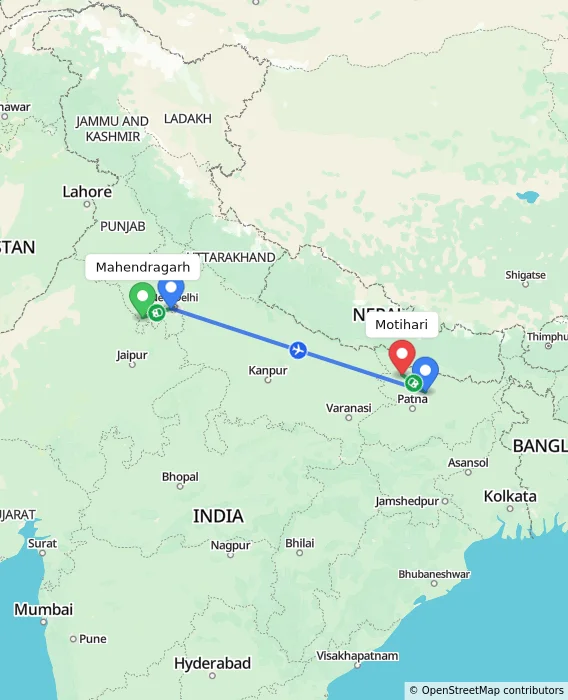 Route map showing distance and travel time from Mahendragarh, India to Motihari, India