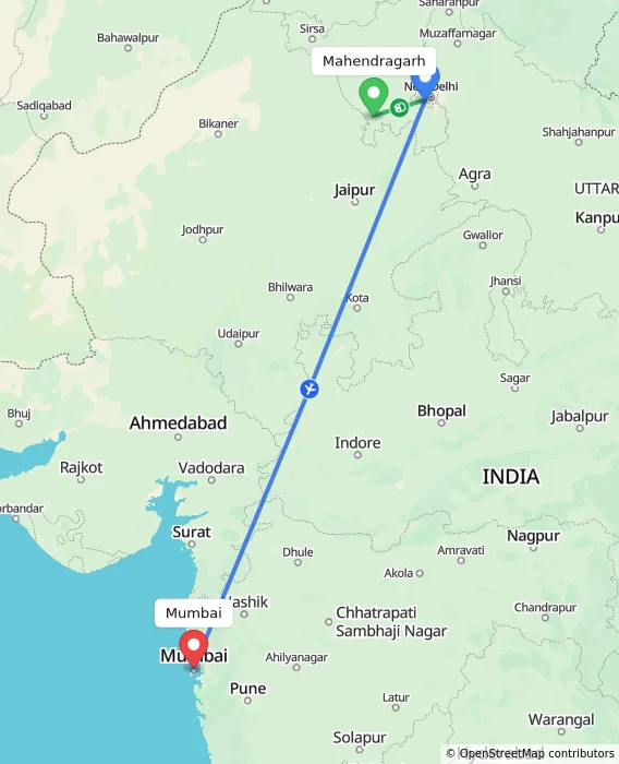 Route map showing distance and travel time from Mahendragarh, India to Mumbai, India