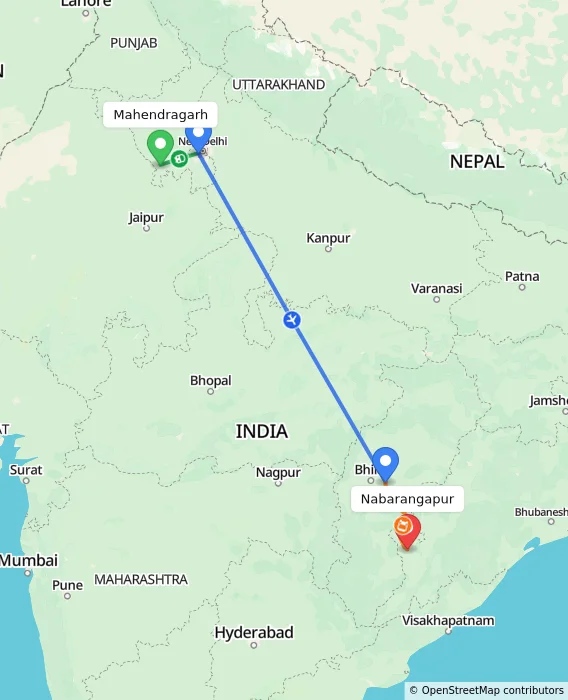 Route map showing distance and travel time from Mahendragarh, India to Nabarangapur, India