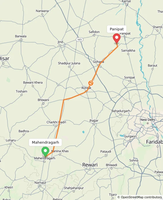 Route map showing distance and travel time from Mahendragarh, India to Panipat, India