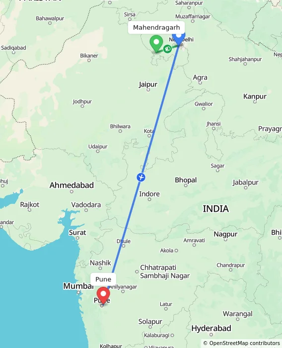 Route map showing distance and travel time from Mahendragarh, India to Pune, India