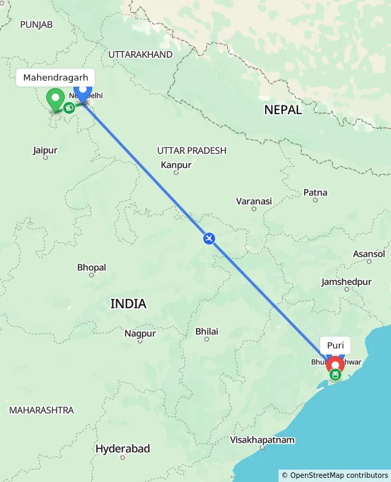 Route map showing distance and travel time from Mahendragarh, India to Puri, India
