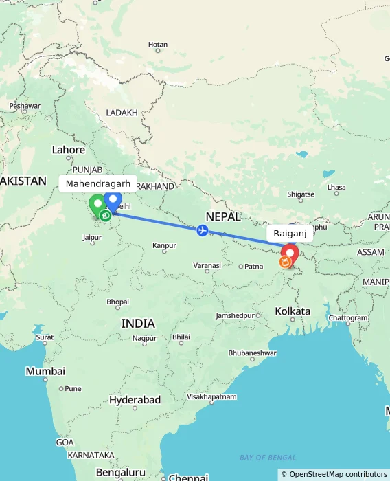 Route map showing distance and travel time from Mahendragarh, India to Raiganj, India